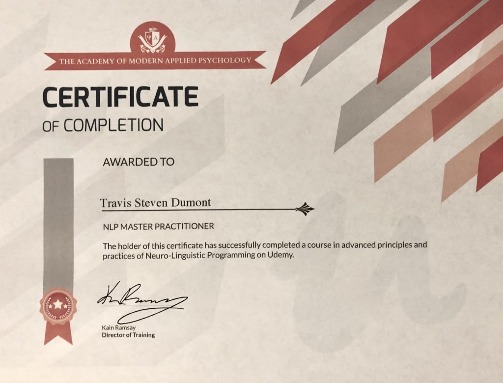 Certificate Master NLP Practitioner - Travis Dumont